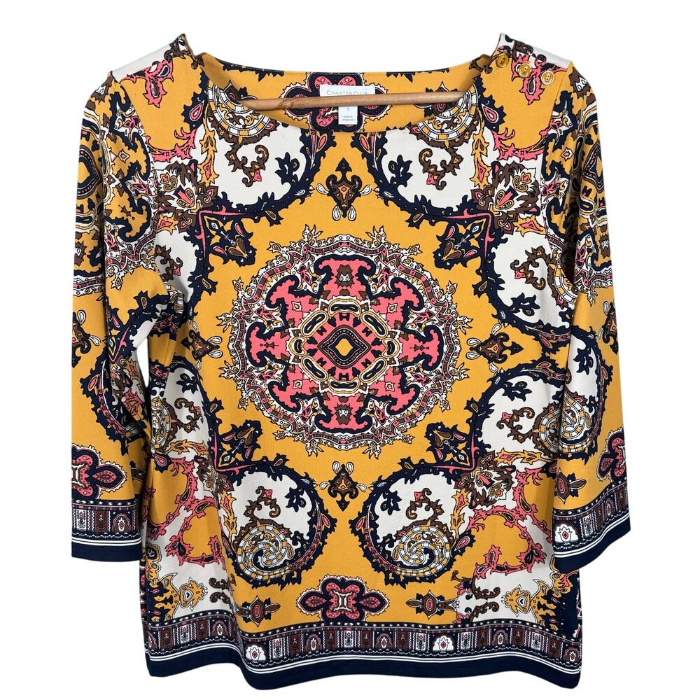 Charter Club Tunic Top Blouse Womens Size Small Yellow Traditional Paisley Aztec